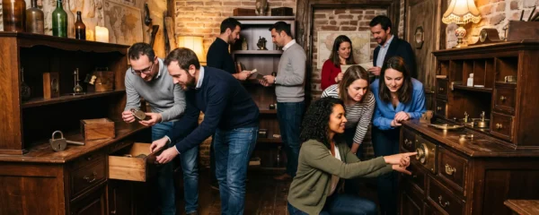 Un groupe de collègues cherche des indices ensemble dans une salle d'escape game.
